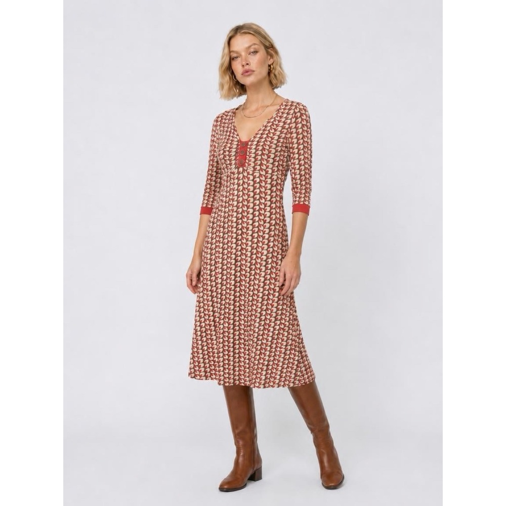 Boden Leaf Print V-Neck Jersey Midi Dress Fit and Flare 10 cottagecore